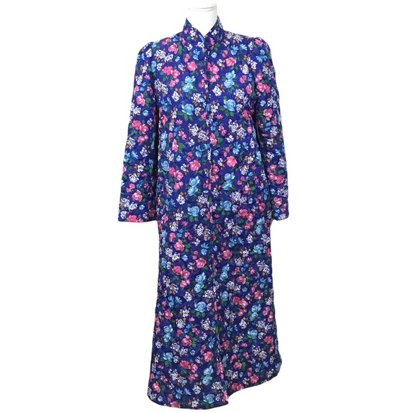 Miss Elaine Other - Miss Elaine S Blue Floral Long Quilted Robe Lounge Housecoat Pockets Button Up